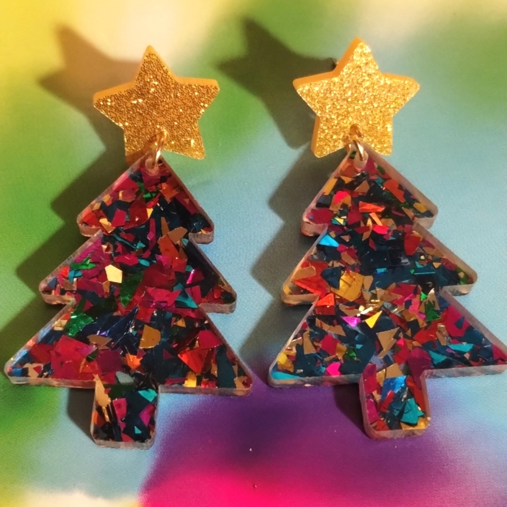 Rainbow Confetti Christmas Tree Earrings